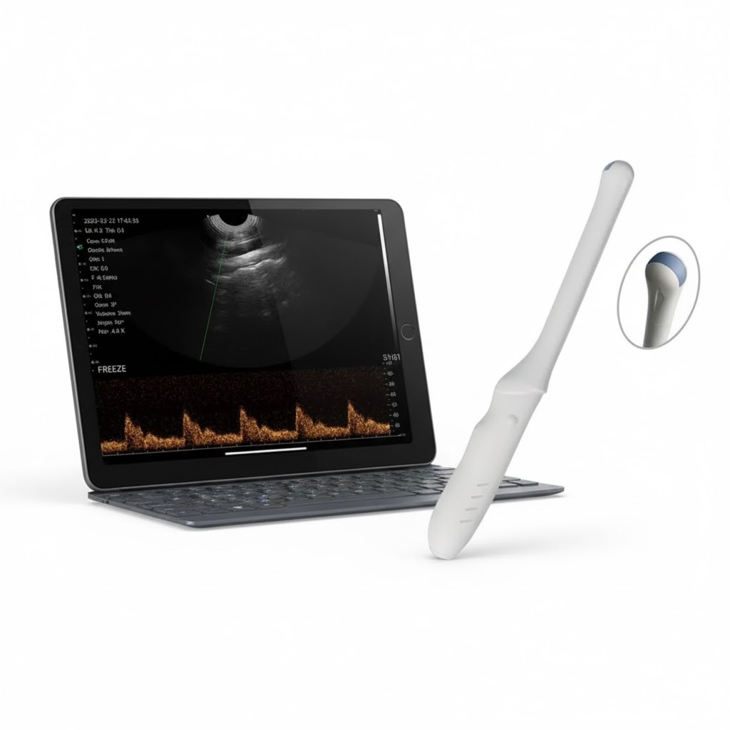 TVU2 The Vsono-TVU2 Wireless Transvaginal Ultrasound Scanner delivers professional-grade Color Doppler imaging in a compact, wireless device (345x70x30mm, 204g). This endovaginal probe connects seamlessly to smartphones, tablets, or Windows computers, providing real-time visualization of reproductive organs - uterus, ovaries, cervix, fallopian tubes, and vagina.